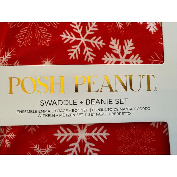 Posh Peanut Infant Swaddle Blanket & Beanie Set Red Snowflake Print Bamboo NEW - Picture 3 of 3